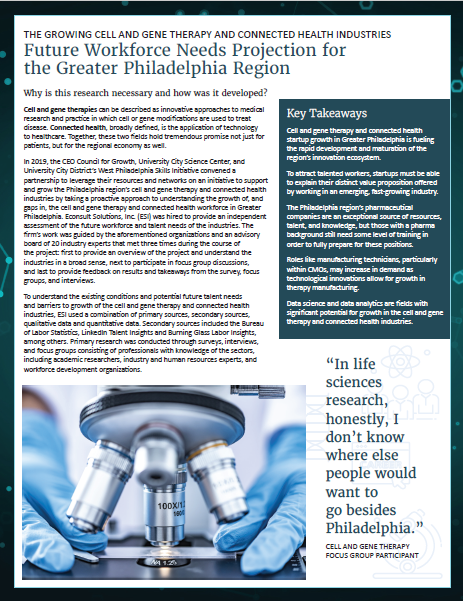 Cover of Greater Philadelphia Cell and Gene Therapy and Connected Health Sectors – Future Workforce and Talent Needs Analysis