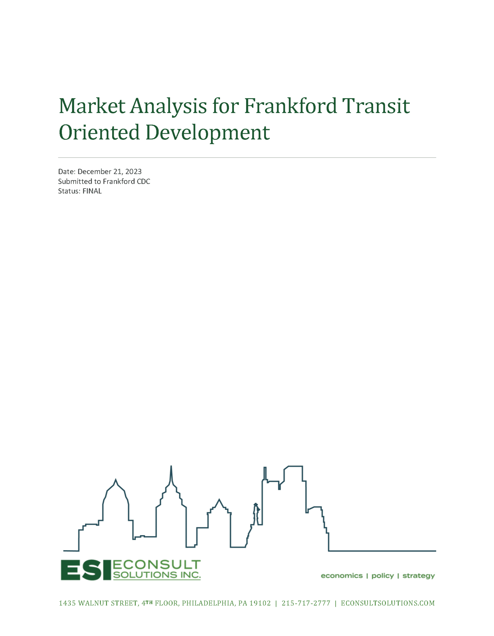 Cover of Market Analysis for Frankford Transit Oriented Development